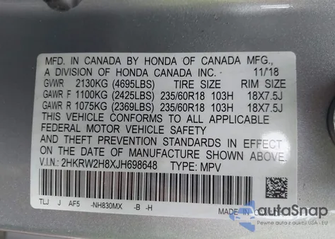 2018 Honda Cr-V Exl from USA, damaged, VIN 2HKRW2H8XJH698648